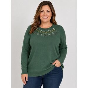 Merona Green Beaded Embellished Crew Neck Pullover Sweater‎ Womens Large Holiday